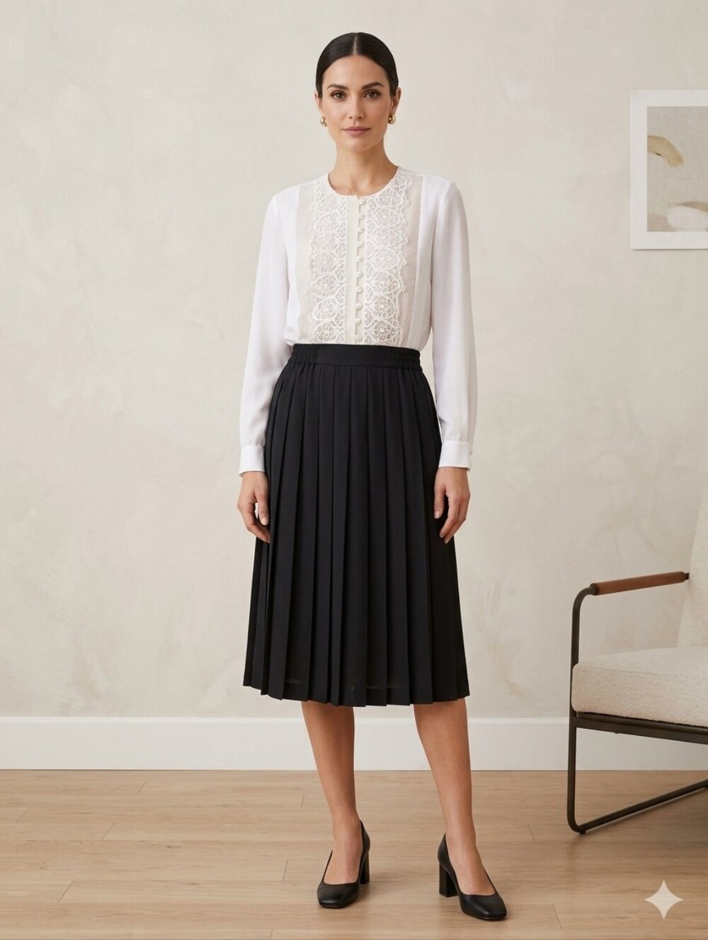Leslie Fay White Lace-Front Blouse with Black Pleated Midi Skirt